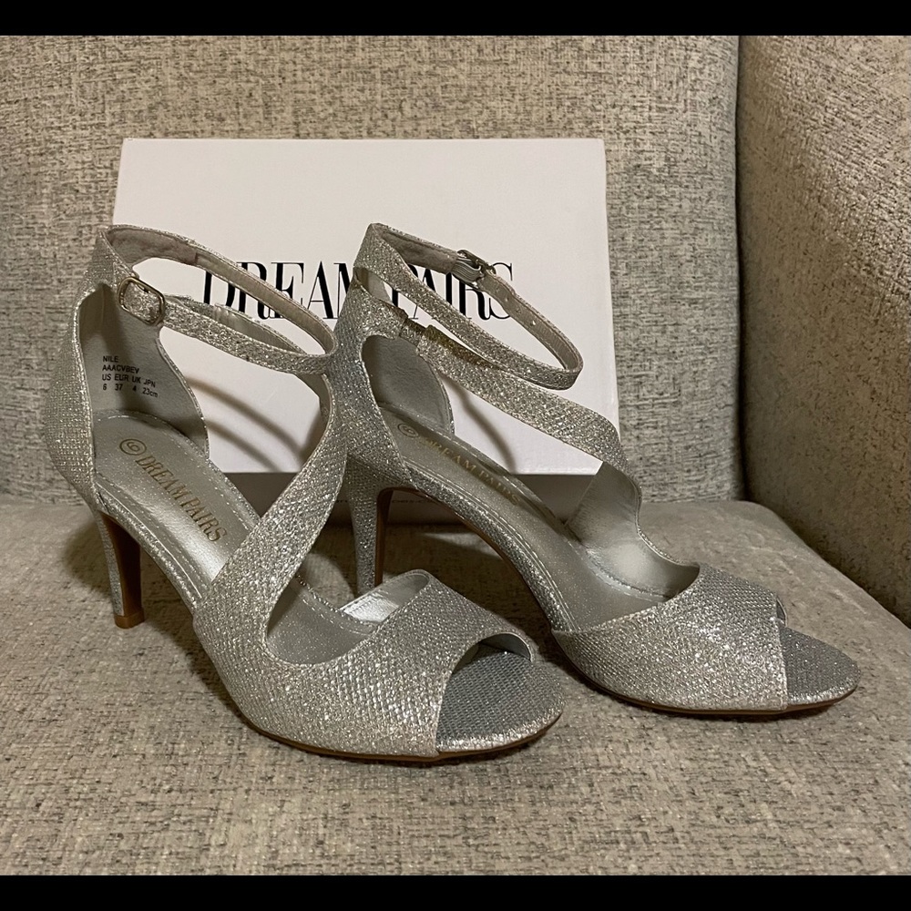 Silver/glitter 4” heels with straps - worn once - perfect condition - size 6